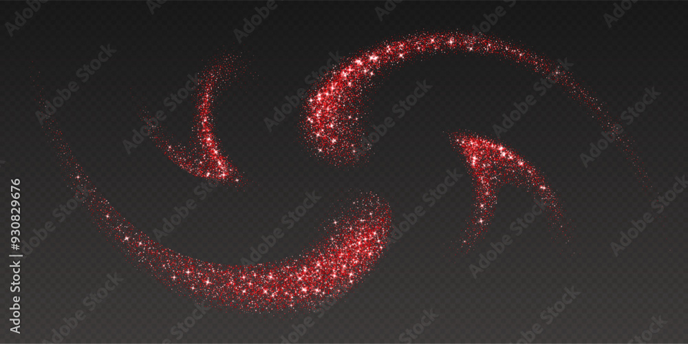 Fototapeta premium Red glitter splashes, shiny star dust explosion, shimmer spray effect, festive holiday particles isolated on a dark background. Vector illustration.