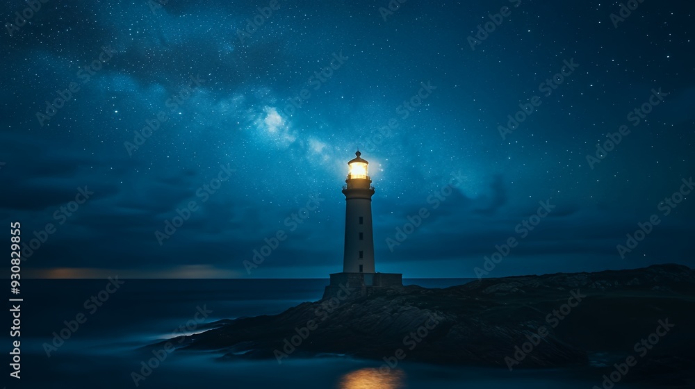 A lighthouse stands illuminated against a starry night sky over a calm sea. A lighthouse stands illuminated against a starry night sky over a calm sea.