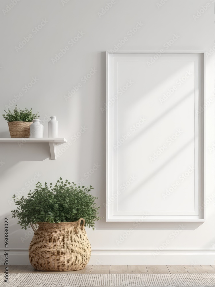 Scandinavian farmhouse room interior, plain white frame mockup, 3d rendering Scandinavian farmhouse room interior, plain white frame mockup, 3d rendering