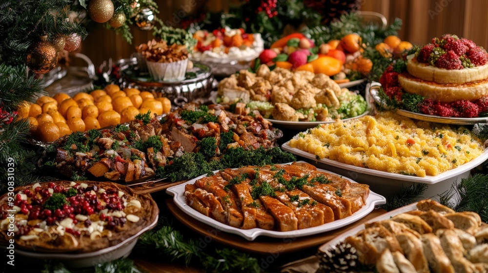 Extravagant Holiday Buffet Featuring a Delicious Variety of Festive Dishes and Seasonal Treats Perfect for Celebratory Gatherings Extravagant Holiday Buffet Featuring a Delicious Variety of Festive Dishes and Seasonal Treats Perfect for Celebratory Gatherings