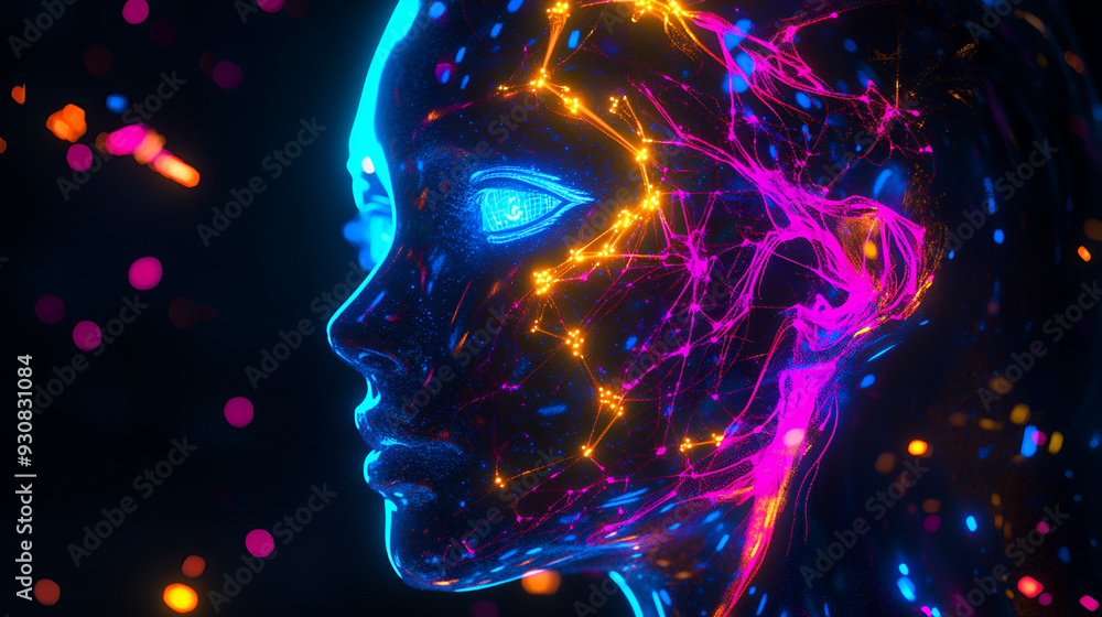 Side view of a humanoid head with blue and yellow eyes and vibrant neon neural network Side view of a humanoid head with blue and yellow, Generative AI Side view of a humanoid head with blue and yellow eyes and vibrant neon neural network Side view of a humanoid head with blue and yellow, Generative AI