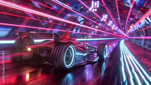 A futuristic racing car speeds through a vibrant, neon-lit tunnel.