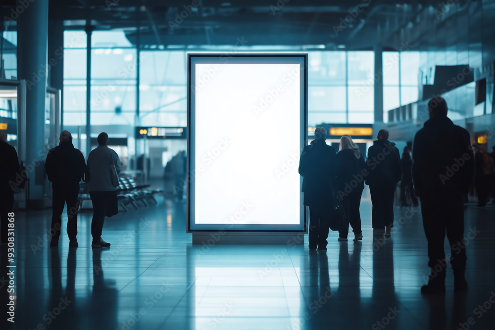 People gathered around a blank advertising billboard in a modern airport terminal during early morning hours People gathered around a blank advertising billboard in a modern airport terminal during early morning hours