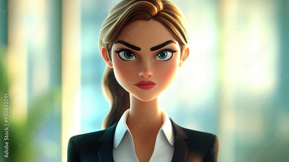 3D cartoon image of a determined businesswoman gazing at the viewer 3D cartoon image of a determined businesswoman gazing at the viewer