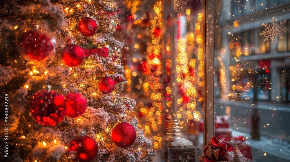 Charming Holiday Window Display Adorned with Festive Decorations and Warm Christmas Lights Charming Holiday Window Display Adorned with Festive Decorations and Warm Christmas Lights