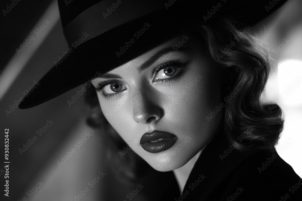 Woman wearing a hat characterized as a classic detective or gangster look. Femme fatale. Noir film.