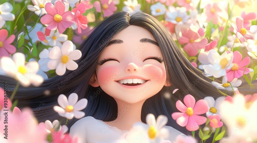3D cartoon girl with long black hair smiling joyfully among blooming flowers in a cheerful spring setting 3D cartoon girl with long black hair smiling joyfully among blooming flowers in a cheerful spring setting
