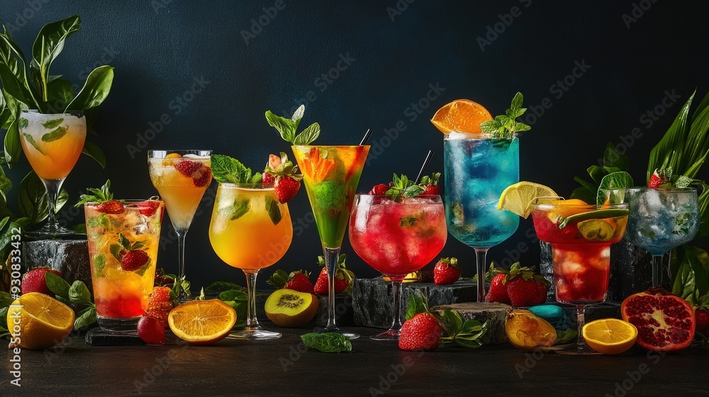 Fototapeta premium Mocktail Extravaganza: Vibrant Non-Alcoholic Drinks in Elegant Glassware with Fresh Fruit Garnishes