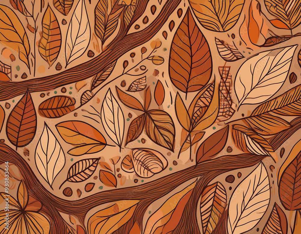 Abstract Forest Floor Illustration with Leaves, Twigs, and Bark in Simplified Shapes and Warm Colors Abstract Forest Floor Illustration with Leaves, Twigs, and Bark in Simplified Shapes and Warm Colors
