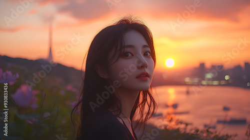 "Serene Seoul Sunset: Portrait of Innocent Korean Woman by the River with Lotte Tower in the Background"