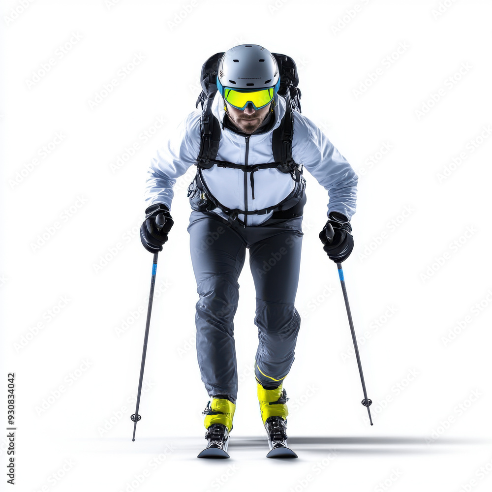 A professional skier in full gear skiing downhill on a white background, showcasing winter sports, action, and athleticism.