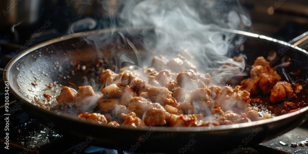 Chicken meat being sauteed in a pan Chicken meat being sauteed in a pan