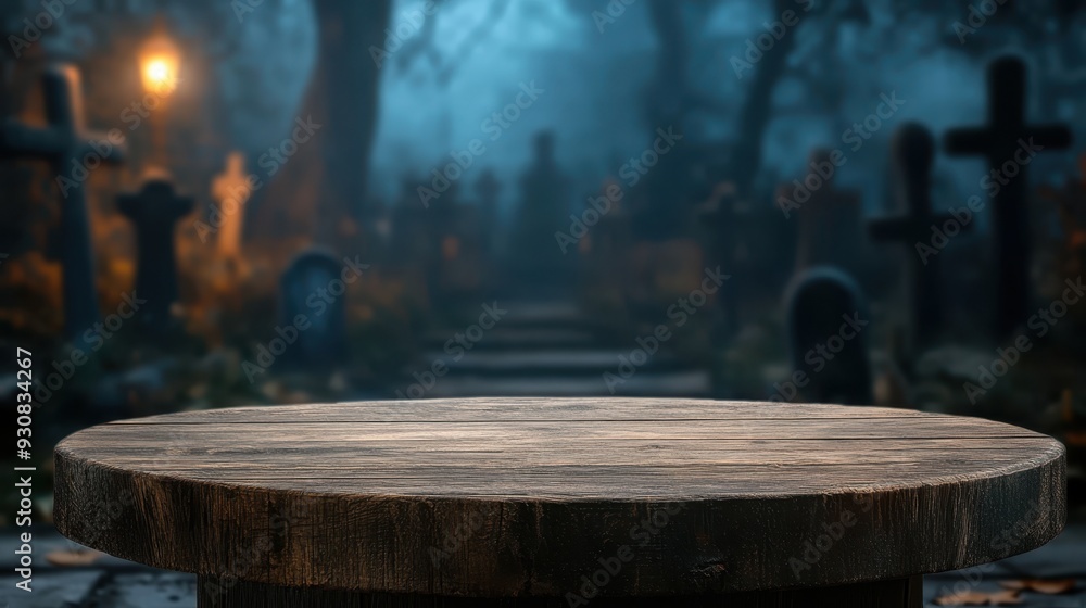 Fototapeta premium A wooden table in a foggy graveyard at dusk, surrounded by ancient gravestones and eerie lighting under a dark sky. Generative AI