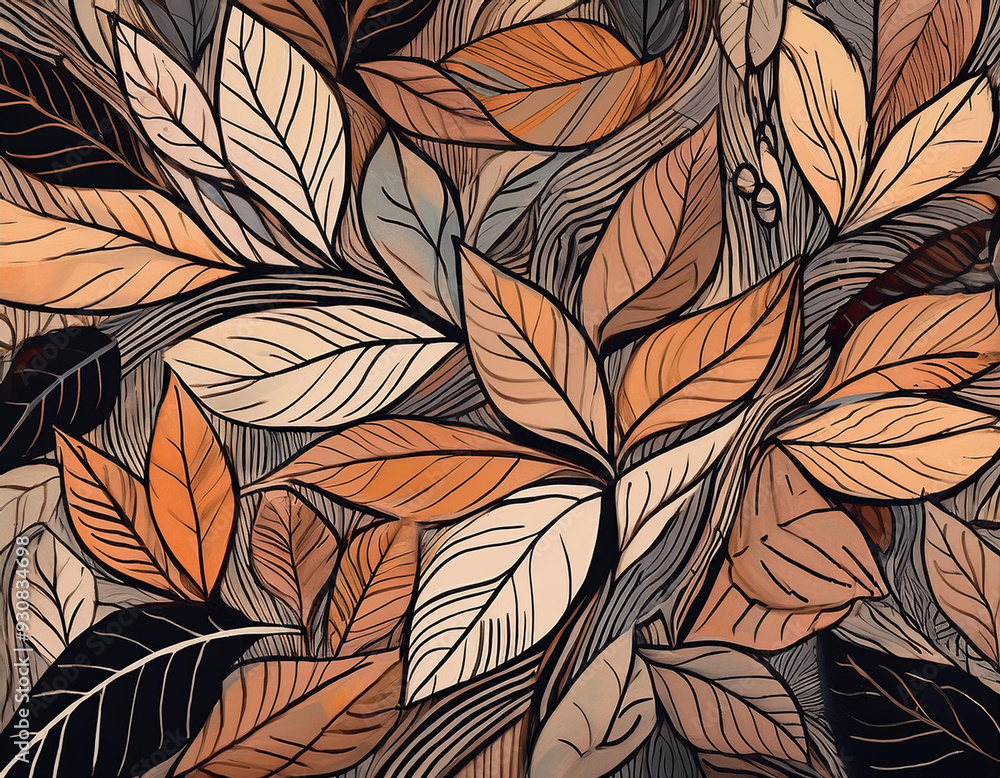 Abstract Forest Floor Illustration with Leaves, Twigs, and Bark in Simplified Shapes and Warm Colors Abstract Forest Floor Illustration with Leaves, Twigs, and Bark in Simplified Shapes and Warm Colors