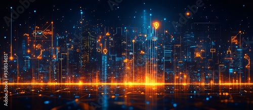 Futuristic cityscape with glowing data visualizations and digital elements.