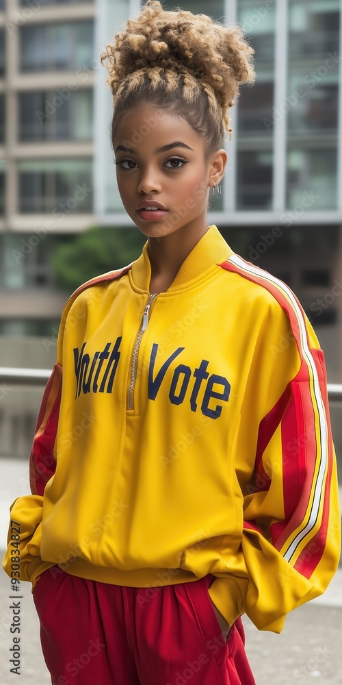 Fototapeta premium Young woman at youth vote event, wearing yellow and red tracksuit