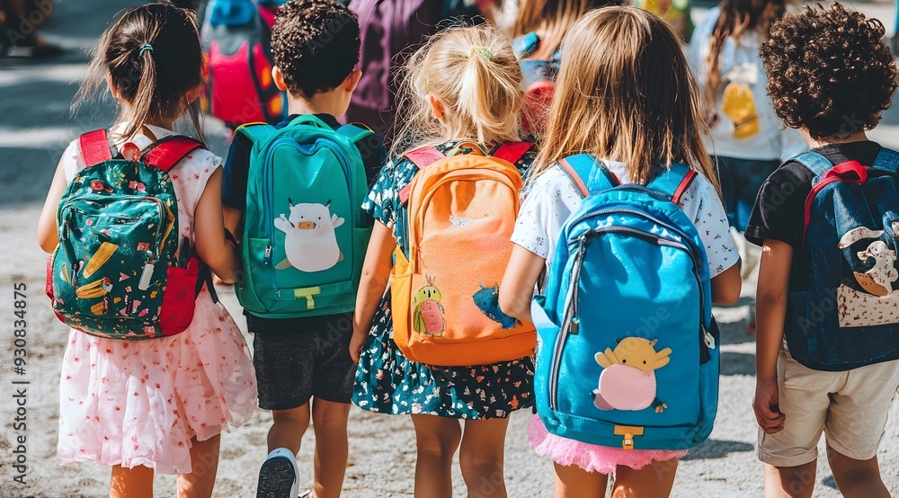 Obraz Back to school concept, happy group of children walking to school. Young girls & boys with backpacks & rucksacks. Inclusive positive education banner