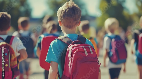 Back to school concept, happy group of children walking to school. Young girls & boys with backpacks & rucksacks. Inclusive positive education banner