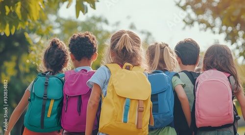 Back to school concept, happy group of children walking to school. Young girls & boys with backpacks & rucksacks. Inclusive positive education banner photo