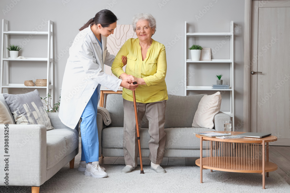 Fototapeta premium Senior woman with stick and physical therapist walking at home