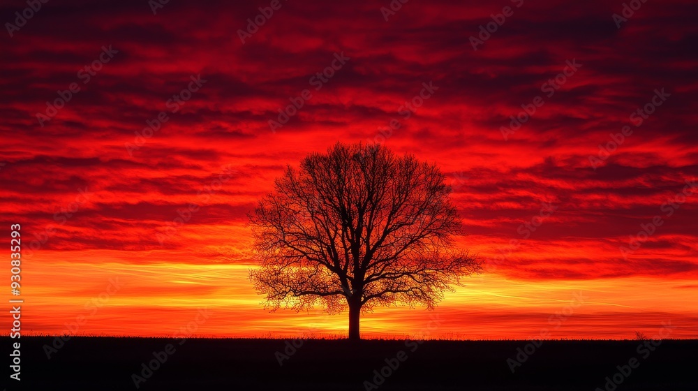 Fototapeta premium Solitary tree against dramatic red sunset sky