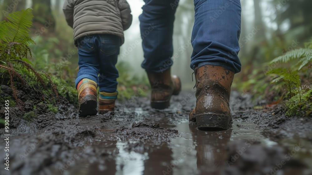 Child and adult walking on a muddy path, rear view Child and adult walking on a muddy path, rear view