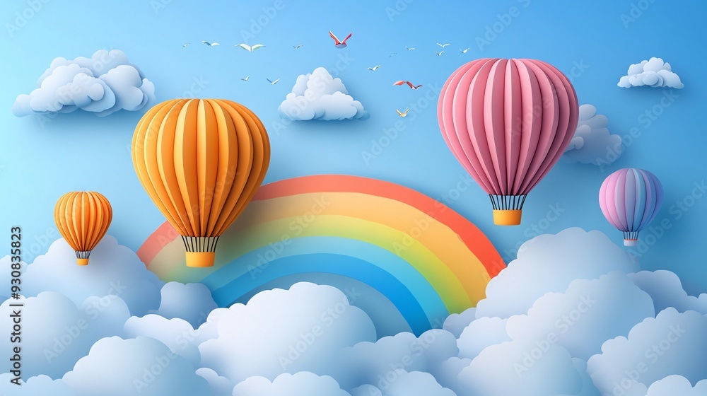 Fototapeta premium Colorful paper cut sky with hot air balloon,clouds and rainbow landscape background.