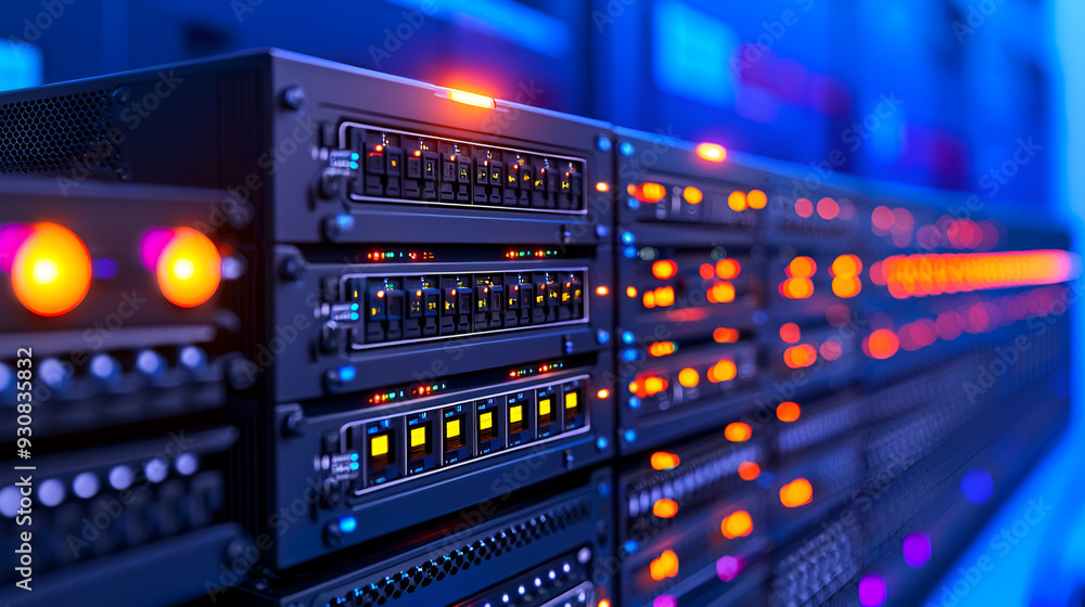Close-up view of a modern server rack with illuminated components, showcasing advanced technology in data storage and processing.
