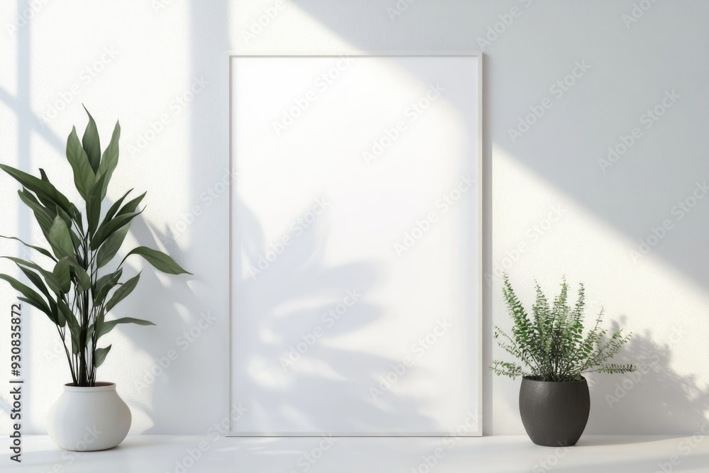 White Wall With a Frame and Two Plants White Wall With a Frame and Two Plants