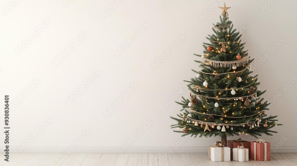 Christmas tree with boho garlands, natural and rustic vibe, 3D Christmas tree with boho garlands, natural and rustic vibe, 3D