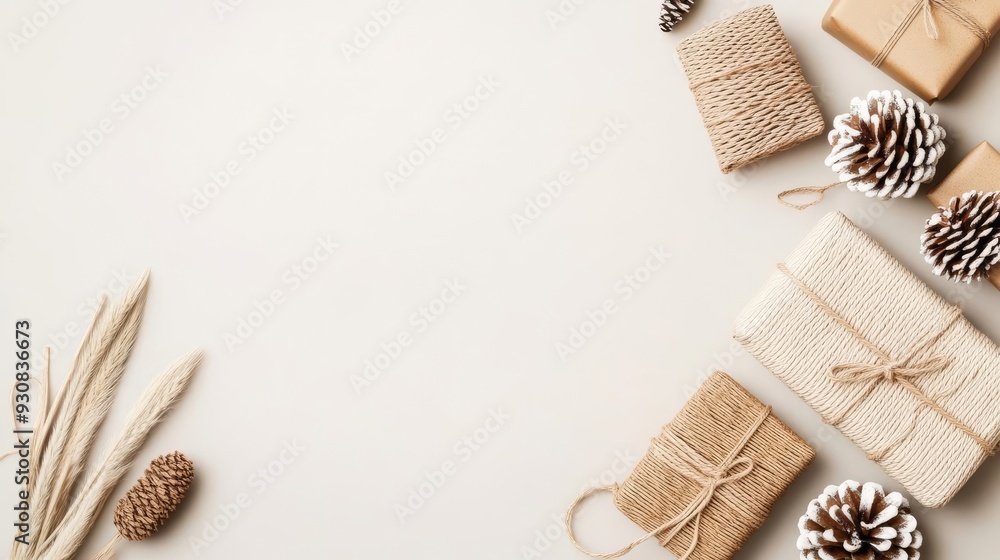 Boho-style Christmas gifts, wrapped in natural paper and twine, 3D illustration Boho-style Christmas gifts, wrapped in natural paper and twine, 3D illustration