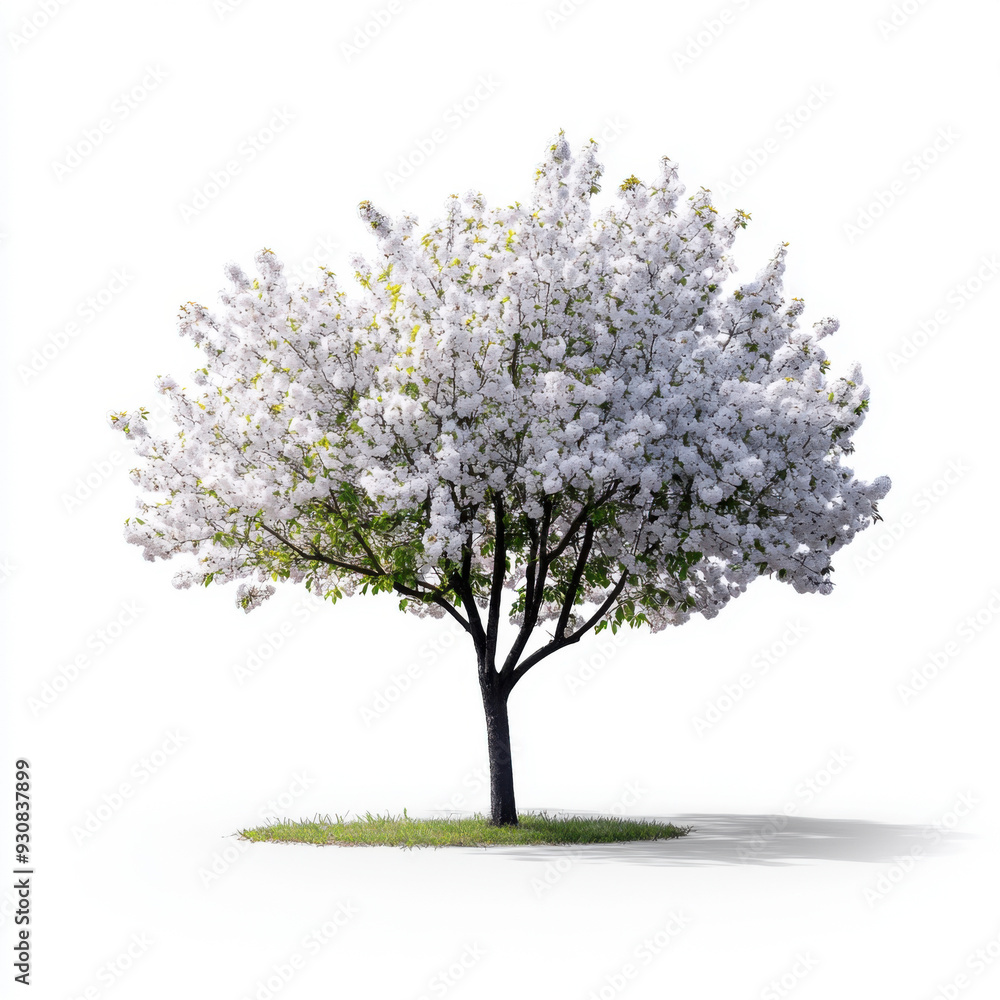 Obraz premium Single cherry blossom tree in full bloom with white flowers, isolated on a clean white background representing spring and renewal.