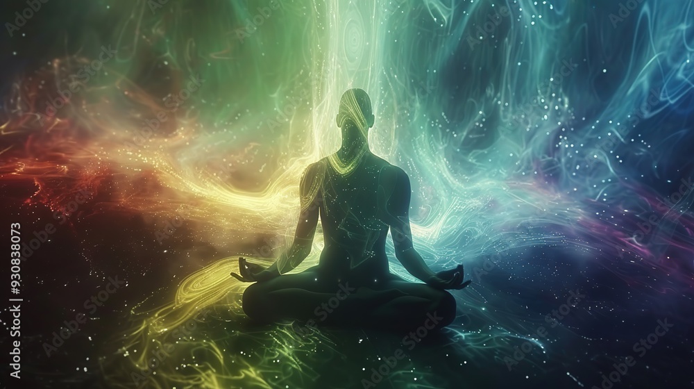 A meditative figure surrounded by colorful, swirling energy representing mindfulness and spirituality. A meditative figure surrounded by colorful, swirling energy representing mindfulness and spirituality.