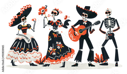 Skeletons dancing for Dia de los Muertos celebrations. Flat design colorful illustration on white background