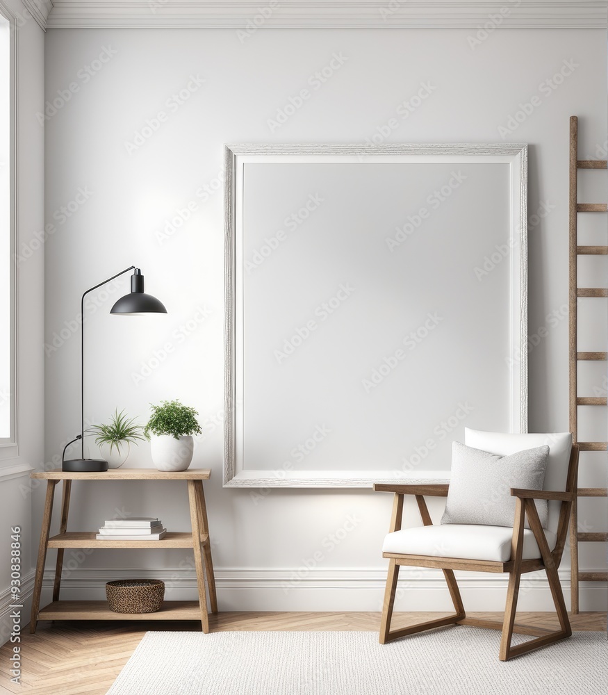 Mockup of a plain white frame in a study interior with rustic decor, 3d rendering Mockup of a plain white frame in a study interior with rustic decor, 3d rendering