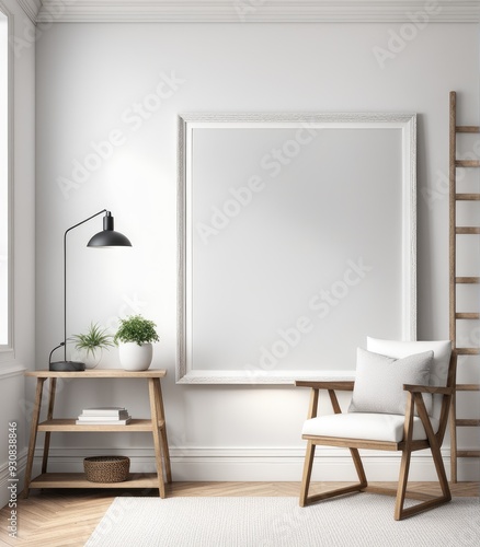 Mockup of a plain white frame in a study interior with rustic decor, 3d rendering