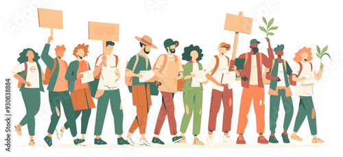 Activist participating in climate marches and protests in a common environment. Flat design illustration