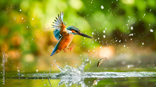 Colorful Kingfisher Bird Hunting for Fish and Catching Prey on the Surface of the Water with Dramatic Splash and Motion photo