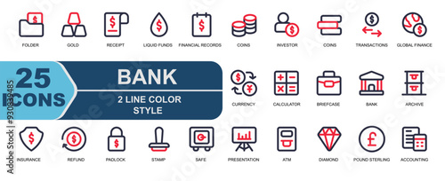 set bank icon.2 line color style.contains folder,bank folder,gold,treasure,receipt,bill,liquid funds,investor,financial records,coins,bank.