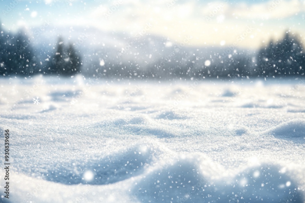 custom made wallpaper toronto digitalSnowy winter landscape with snow-covered ground and falling snowflakes, creating a serene cold atmosphere with distant snow-capped trees.