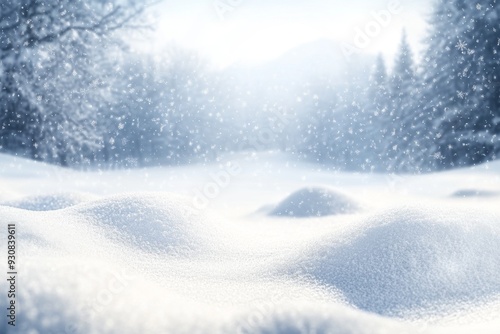 Wallpaper Mural Snowy winter landscape with snow-covered ground and falling snowflakes, creating a serene cold atmosphere with distant snow-capped trees. Torontodigital.ca