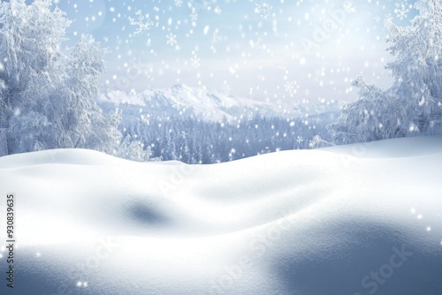 Wallpaper Mural Snowy winter landscape with snow-covered ground and falling snowflakes, creating a serene cold atmosphere with distant snow-capped trees. Torontodigital.ca