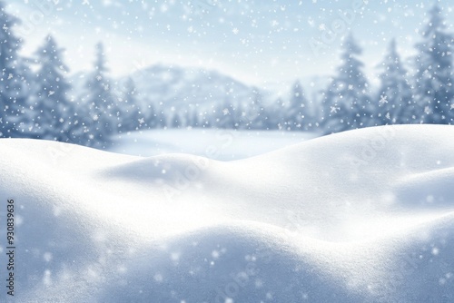 Wallpaper Mural Snowy winter landscape with snow-covered ground and falling snowflakes, creating a serene cold atmosphere with distant snow-capped trees. Torontodigital.ca