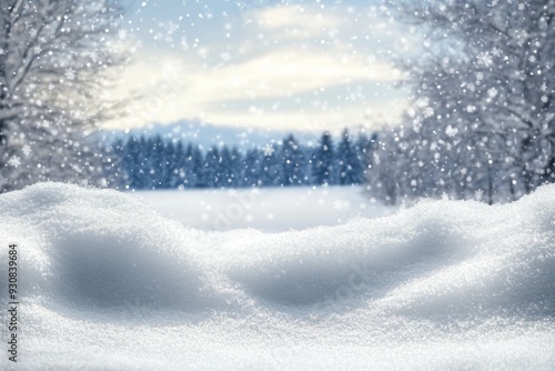 Wallpaper Mural Snowy winter landscape with snow-covered ground and falling snowflakes, creating a serene cold atmosphere with distant snow-capped trees. Torontodigital.ca