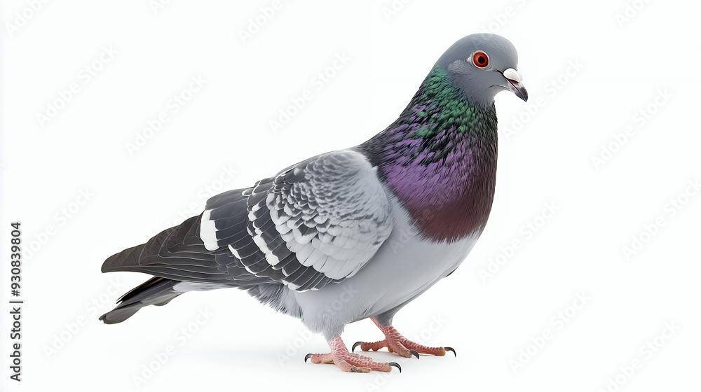 A colorful pigeon standing against a white background. A colorful pigeon standing against a white background.