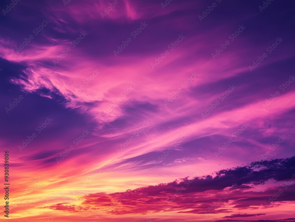 A breathtaking view of a vibrant purple sunset sky with wispy clouds, perfect for nature and landscape photography. A breathtaking view of a vibrant purple sunset sky with wispy clouds, perfect for nature and landscape photography.