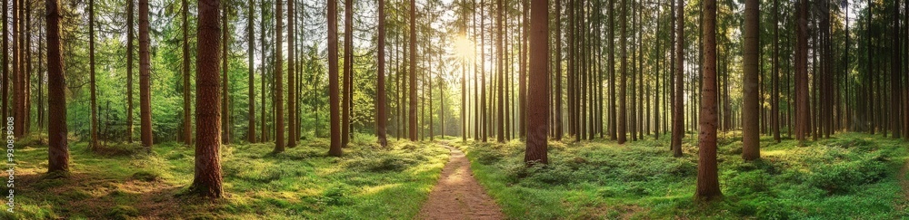 Title:
Panoramic view of an old pine forest with sunlit branches and a narrow path leading to diverging trails, symbolizing choice and adventure.
Title:
Panoramic view of an old pine forest with sunlit branches and a narrow path leading to diverging trails, symbolizing choice and adventure.