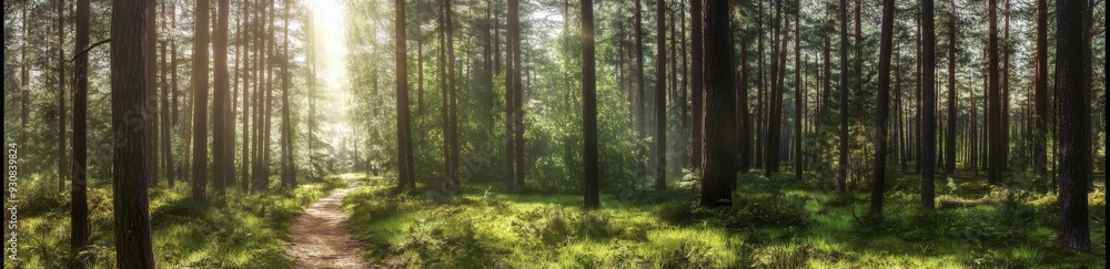 Title:
Panoramic view of an old pine forest with sunlit branches and a narrow path leading to diverging trails, symbolizing choice and adventure.
Title:
Panoramic view of an old pine forest with sunlit branches and a narrow path leading to diverging trails, symbolizing choice and adventure.