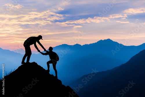 Silhouette of a person assisting a friend to reach the mountain peak, showcasing support and care in an adventurous outdoor setting with a dramatic sky in the background.