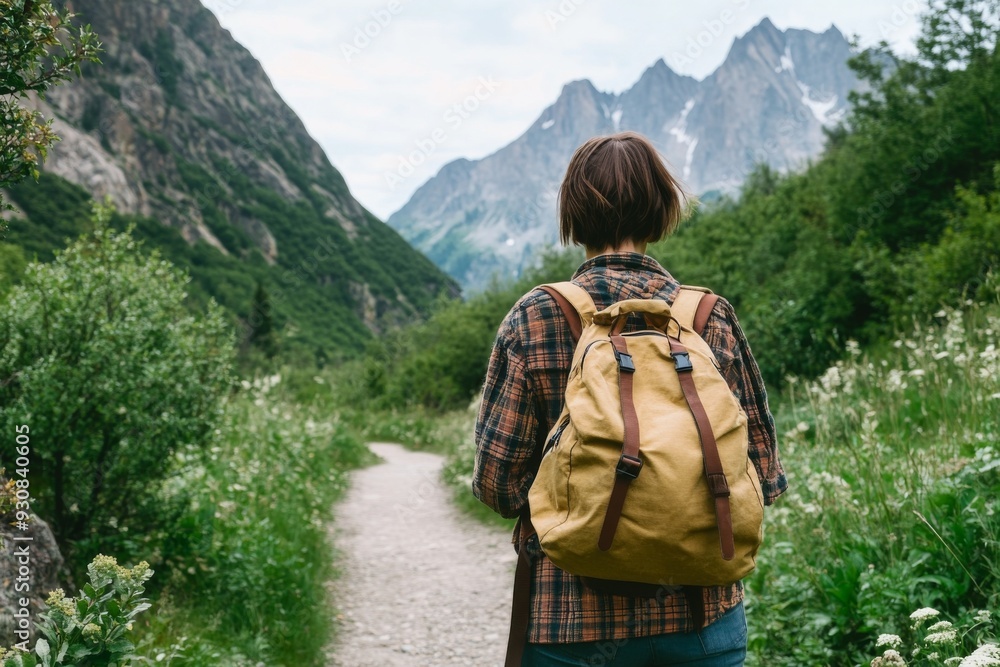 Young woman with short hair in oversized flannel shirt and backpack walking along a nature trail through lush greenery with mountains in the background, symbolizing adventure and freedom. Young woman with short hair in oversized flannel shirt and backpack walking along a nature trail through lush greenery with mountains in the background, symbolizing adventure and freedom.